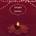 Shubh Happy Diwali Font In Vintage Frame With Illuminated Oil Lamp Diya And Lighting Garland On Red Paisley Pattern Royalty Free Stock Photo