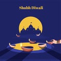 Shubh Happy Diwali Poster Design With Oil Lamps Diya Burning From Hand Of Female, Silhouette Temple Or Ayodhya View On Blue