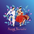 Shubh Navratri Background Design With Couple Dancing In Garba. blue elegant design with beautiful leafs Royalty Free Stock Photo