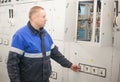 SHUCHIN, BELARUS - JANUARY 26, 2015. Professional electrician installing components in electrical shield