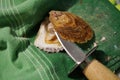 Shucking fresh oysters on a kitchen towel Royalty Free Stock Photo
