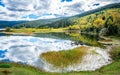 Shudu lake shoreline view with fall colors forest and overcast weather in Potatso national park Shangri-La Yunnan China