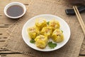 Shumai or Chinese Steamed Dumpling,meatball dumpling with wanton skin in with plate Royalty Free Stock Photo