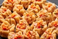 Shumai or Kanom Jeeb or Steamed Pork and Shrimp Dumplings close up. Chinese food. Asian Meal