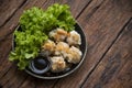 Shumai shrimp with sauce, Steamed shrimp dumplings dim or dim sum and vegetable on wooden table, Cantonese Dimsum food cuisine for Royalty Free Stock Photo