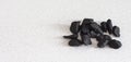 Shungite stones on white background with copy space