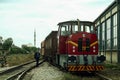 Shunting diesel locomotive pulling a cargo train belonging to the Kosovo railways, trainkos, for departure in Fushe Kosove station