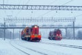 Shunting diesel locomotives during snowfall