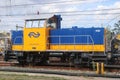 Shunting locomotive 708 in yellow and blue colors at the railway station of Zwolle in the Netherlands.