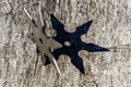 Shuriken (throwing star), traditional japanese ninja cold weapon stuck in wooden background Royalty Free Stock Photo