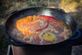 Shurpa, lamb soup. Caucasian lamb or beef Shurpa soup with vegetables in a large cast-iron pot on fire. Summer food for hike Royalty Free Stock Photo