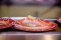 Shushi on plate with conveyor or belt buffet in japaness restaurant..Conveyor belt sushi buffet in japan restaurant with blurred b