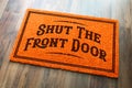 Shut The Front Door Halloween Orange Welcome Mat On Wood Floor Royalty Free Stock Photo