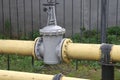 Shut-off valve on gas pipe. Fragment of pipeline with valve. Valve on pipe in boiler room. Concept - shutting off gas