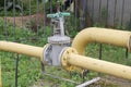 Shut-off valve on gas pipe. Fragment of pipeline with valve. Valve on pipe in boiler room. Concept - shutting off gas