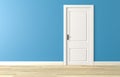 Shut white wooden door on blue wall, white wooden floor Royalty Free Stock Photo