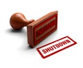 Shutdown stamp. Wooden stamper and stamp with text Shutdown on white background. 3d illustration. 3d rubber stamp.