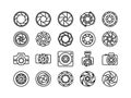 Shutter camera icons. Photo and photography objects like film, diaphragm, snap optics with different position of petals