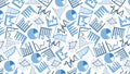 Seamless pattern featuring various data and graph elements in blue and black on a white background Royalty Free Stock Photo