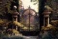 shuttered iron mansion gates, with view of serene garden