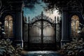 shuttered iron mansion gates, with view of serene garden