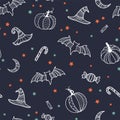 Shutterstock_2500Creative halloween seamless pattern, hand drawn pumpkins, bats, witch hats and candy, detailed ornaments, great Royalty Free Stock Photo