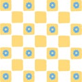 Cute Preppy Yellow White Checkered With Blue Hippie Flower Pattern