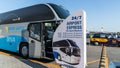 Shuttle busses parked outside Heydar Aliyev airport in Baku, Azerbaijan