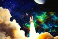 Shuttle launch in the clouds to outer space. Dark space with stars on background.Spaceship flight. Elements of this image