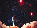 Shuttle launch in the clouds to outer space. Dark space with stars on background.Spaceship flight. Elements of this image