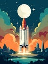 Shuttle launch. Rocket in space.Planets in dark cosmos. Moon