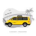 Shuttle Services Flat Vector Cartoon Illustration. Transfer. Taxi Riding on Road, Airport Building, Plane Taking Off Isolated Royalty Free Stock Photo