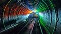 Shuttle trains in Bund Sightseeing Tunnel. Metro subway train in Shanghai City, China. Tunnel of lights under Huangpu River is one Royalty Free Stock Photo