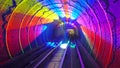 Shuttle trains in Bund Sightseeing Tunnel. Metro subway train in Shanghai City, China. Tunnel of lights under Huangpu River is one