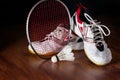 Shuttlecock, badminton racket and shoe Royalty Free Stock Photo