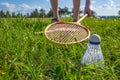 A badminton shuttlecock is lying on the playing lawn Royalty Free Stock Photo