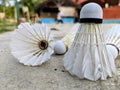 Shuttlecocks scattered on a concrete surface in natural outdoor light Royalty Free Stock Photo