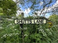SHUTTS LANE road sign, with wild plants, and flowers near, Norwood Green, Halifax, UK
