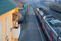 SHUYA, RUSSIA-APRIL 29, 2018: provincial railway station, arriving train, spring evening Royalty Free Stock Photo