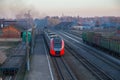 SHUYA, RUSSIA-APRIL 29, 2018: provincial railway station, arriving train, spring evening Royalty Free Stock Photo