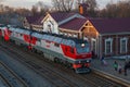 SHUYA, RUSSIA-APRIL 29, 2018: provincial railway station, arriving train, spring evening Royalty Free Stock Photo