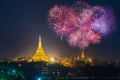 Shwedagon pagoda with with Fireworks celebration New year day 2017 in Yangon, Myanmar. Royalty Free Stock Photo