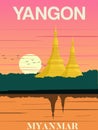 Shwedagon pagoda view from kangdawyi lake landmark of Yangon Myanmar illustration best for travel poster