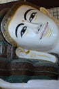 Head close up. Golden reclining Buddha, or Shwethalyaung Buddha. Bago. Myanmar Royalty Free Stock Photo
