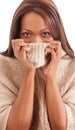 Shy, black woman and sweater with portrait, funny and girl isolated on a white studio background. Face, African person Royalty Free Stock Photo