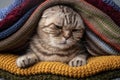 Shy cat Scottish Fold sits in a pile of colorful, knitted scarf and looking sad. Preparing for cold weather.