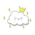 Shy cloud vector template with smile. Isolated on a white background with hearts for children`s parties.