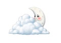 Shy crescent moon peeking from behind fluffy cloud with blush cheeks Royalty Free Stock Photo