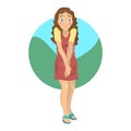 Shy girl in dress. Vector isolated cartoon illustration