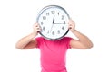 Shy girl hiding her face with wall clock Royalty Free Stock Photo